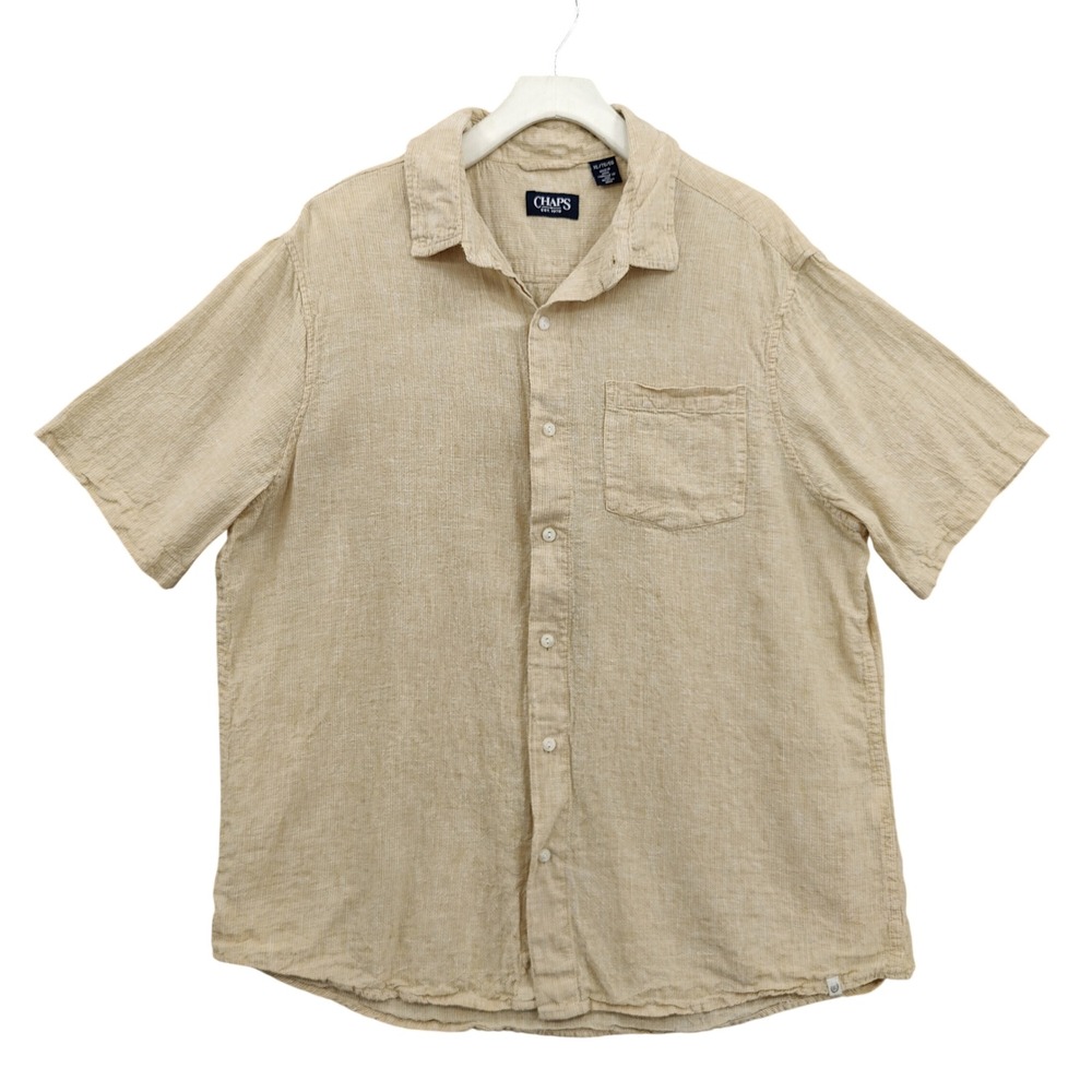 Chaps Mens Coastal Beach Linen Button Down Shirt XL Tan Short Sleeve Textured
